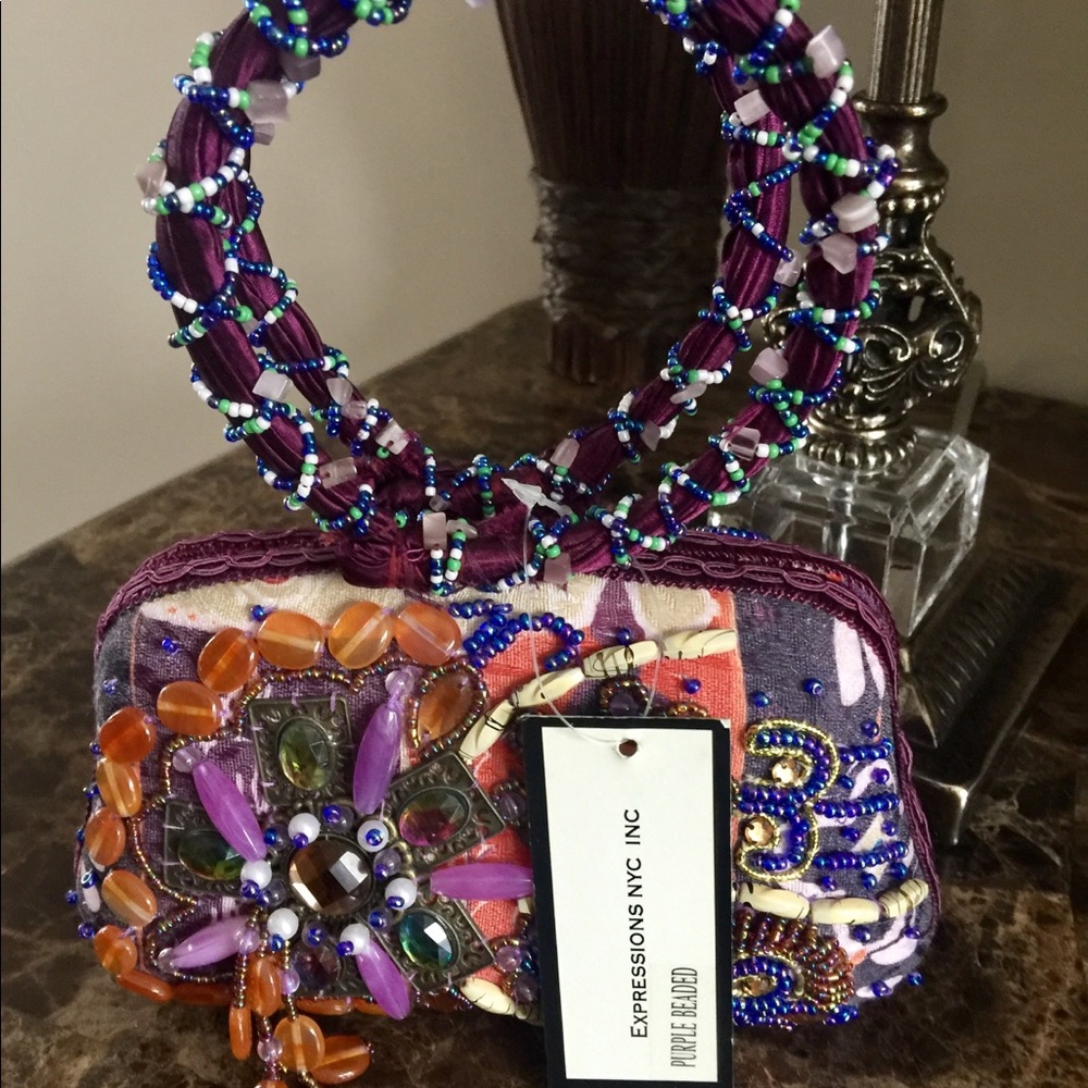Expressions NYC NWT Purple beaded hand clutch